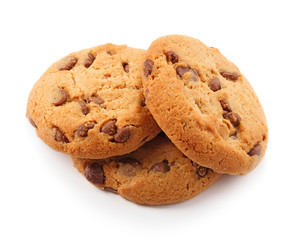 three chocolcate cookies isolated on white background