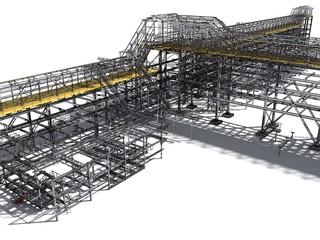 Obraz premium Shiny overpass for cables, gas and oil pipelines from columns, beams and ties. Architectural, engineering and construction hair dryer. 3D rendering isolated.