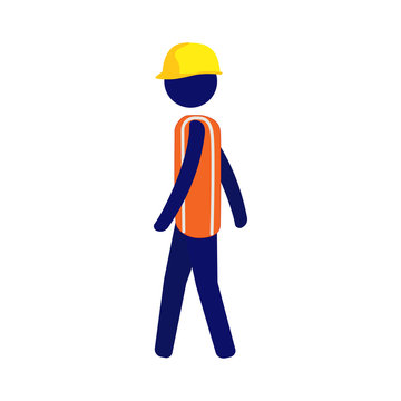 Vector pictogram man wearing yellow helmet and orange reflecting vest walking to the right