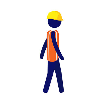 Vector pictogram man wearing yellow helmet and orange reflecting vest walking to the right