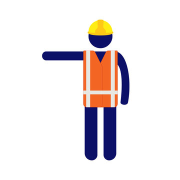 Isolated vector icon pictogram man with yellow helmet and orange high visibility vest raising right hand to his side