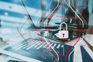 General Data Protection Regulation (GDPR) and Security concept.Computer Halogram target protection locked with success on business finance working and technology.