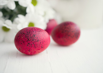 Easter eggs and flowers of a chrysanthemum on a white background, soft focus