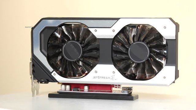Modern hi-tech video card for mining farm creating.