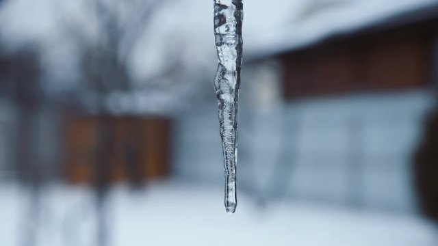 Long shiny icicle hanging from rooftop in suburbs.