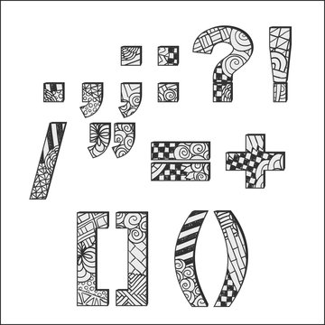 Zentangle doodle alphabet. Letters. Typography. Abstract punctuation marks. 
English alphabet. Typeset.