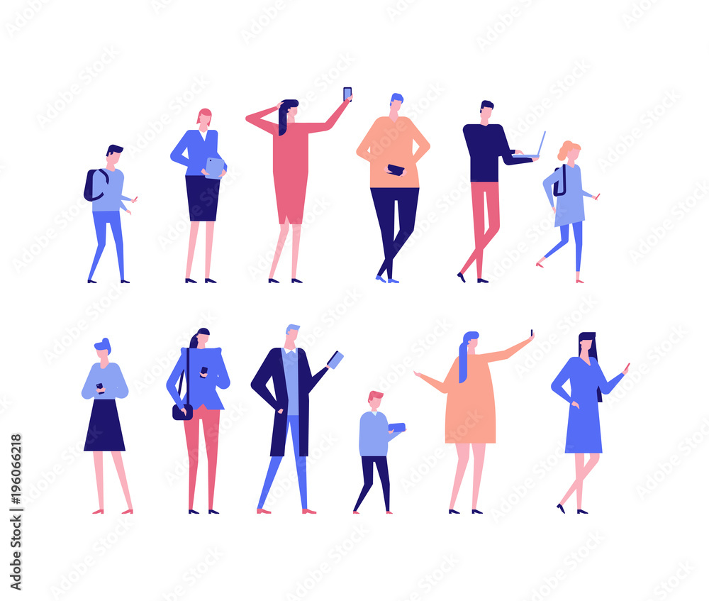 Poster people with gadgets - flat design style set of isolated characters