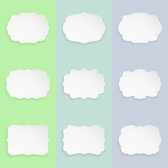 Set of 9 decorative elegant paper shape labels with shadow. Vector Illustration.