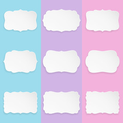 Set of 9 decorative elegant paper shape labels with shadow. Vector Illustration.