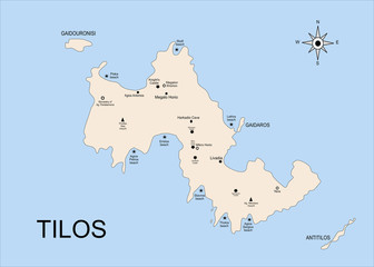 The geography map of Tilos island, in the archipelago of the Dodecanese islands. There is indicated the position of towns, beaches and castles.