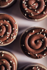 sweet chestnut cake with chocolate and sesame seeds on top, product photography for patisserie