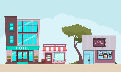 Street with hotel, cafe and art gallery. Small tourist town. Vector illustration