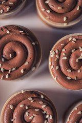 sweet chestnut cake with chocolate and sesame seeds on top, product photography for patisserie