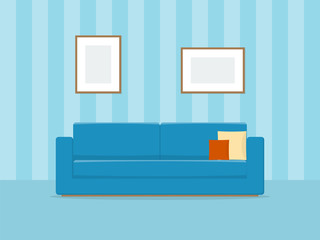 Blue sofa in living room. Flat design Vector Illustration