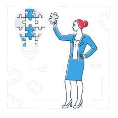 Businesswoman doing puzzle - line design style isolated illustration
