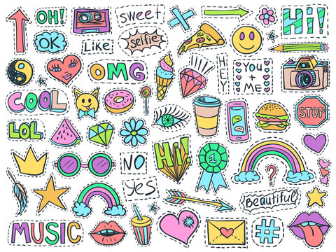 Patch badges set college doodles social media colorful