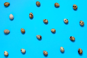 Quail eggs on blue background, copy space. Healthy food concept. Top view, flat lay. Easter eggs. Happy Easter concept