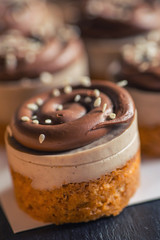 sweet chestnut cake with chocolate and sesame seeds on top, product photography for patisserie