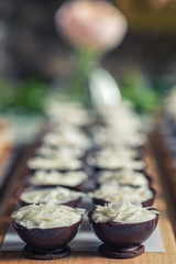 chocolate sweet dessert filling with coconut cream and coconut petals on top, product photography fot patisserie