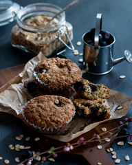 blueberry muffins with chia seeds and oat on a dark background