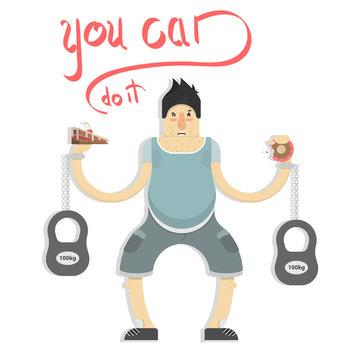 man picks up heavy weights, bad food and gym, cartoon character, vector image, flat design