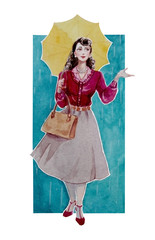 Vintage lady with an umbrella watercolor illustration