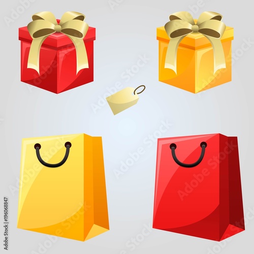 Set Of Bags Tickets And Gift Box Isolated On White Background Set Of Bags Tickets And Gift Box Isolated On White Background Items