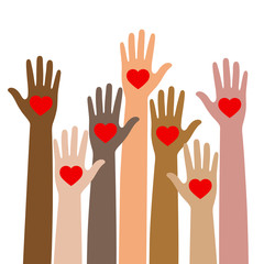 Fototapeta premium A lot of different colorful hands with a love symbol shaped as a heart on a white background