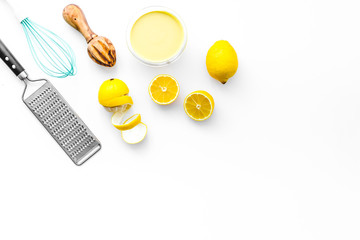 yellow lemons for cooking citrus curd white background top view space for text
