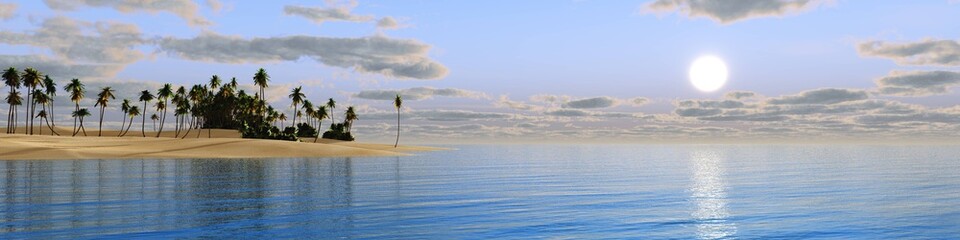 panorama of sea sunset, sun over water, tropical island at sunset
