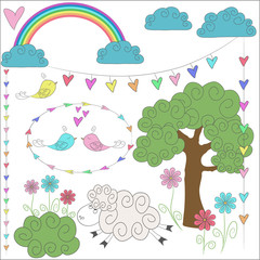 Summer doodle kid set. Simple design of cute tree,birds, sheep, rainbow, fabulous clouds, flowers and other individual elements perfect for kid's card, banners, stickers and other kid's things.
