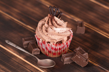Delicious chocolate cake, with chocolate cream, on dark wood background.