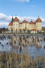 Castle Moritzburg in Dresden with reflections in the ice in the winter.