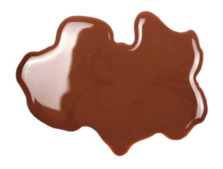Spilled chocolate milk puddle isolated on white background, top view
