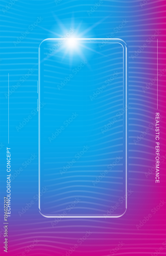 Poster realistic smartphone in a vertical format with a transparent screen and a colored background. phone 