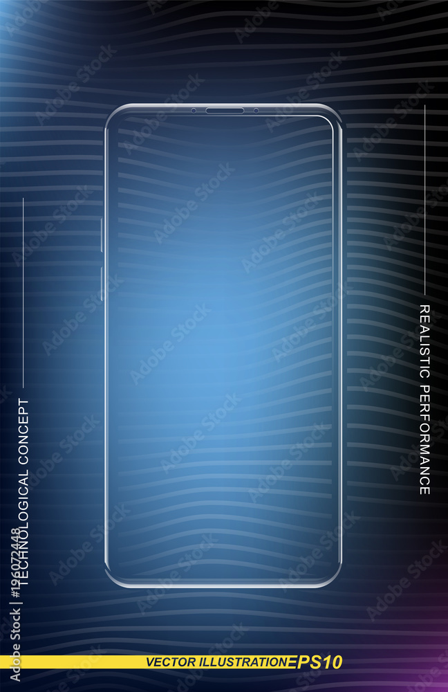 Poster realistic smartphone in a vertical format with a transparent screen and a colored background. phone 