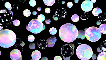 Holographic bubbles on black. 3d illustration. Night sky. Glass backdrop. Abstract background. Fairy wallpaper. Cosmic. Planets. Pink. Blue. Fantasy. Unicorn colors.
