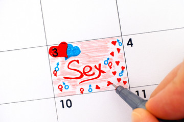 Woman fingers with pen writing reminder Sex in calendar.