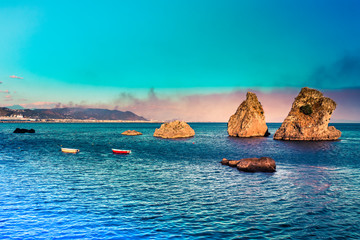 Vietri sul Mare - where Amalfi coast begins. Picturesque summer seascape with 3 rocks on water and mountains. Italy - obrazy, fototapety, plakaty