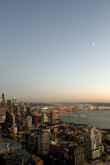 Fototapeta premium A View Over Elliott bay and Seattle Inter Urban Downtown City Skyline Buildings Waterfront from Space needle