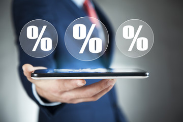 man hand tablet with percent icon of media screen