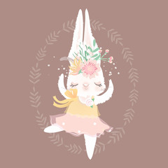 Cute ballerina bunny princess, ballet, ballerina girl with flowers, floral bouquet, tied bow and frame
