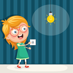 Vector Illustration Of A Kid Turning On The Light