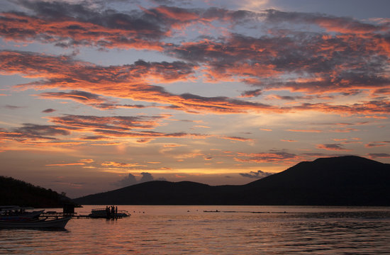 Sunset and fishing boats over Mochima National Park, Sucre, Venezuel