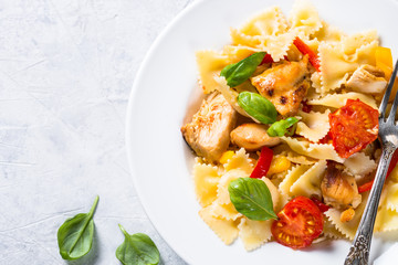 Pasta with chicken and vegetables top view.