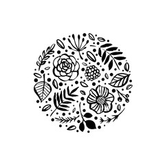 Flower circle shape pattern. Floral botanical elements. Hand drawn illustration. Nature vector design.