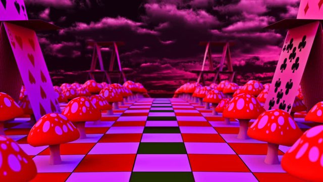 Movement of a view along the amanita and playing cards on the chessboard. 3D-Rendering. UHD - 4K