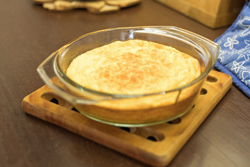 Omelet with golden crust for a healthy diet for breakfast.