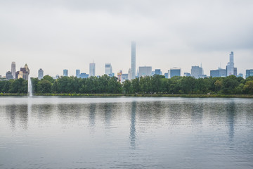 View of New York from Central Park. Lake.