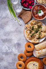 Traditional Russian dishes, sweets and vodka 